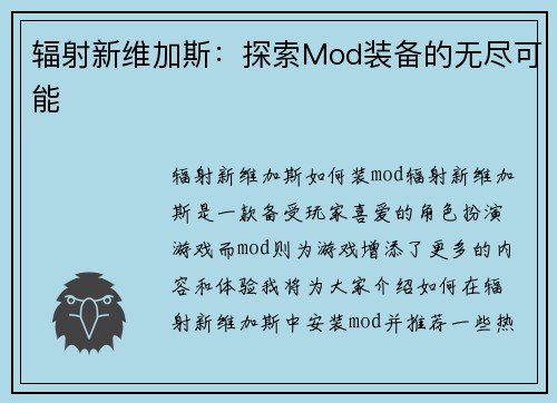 辐射新维加斯：探索Mod装备的无尽可能